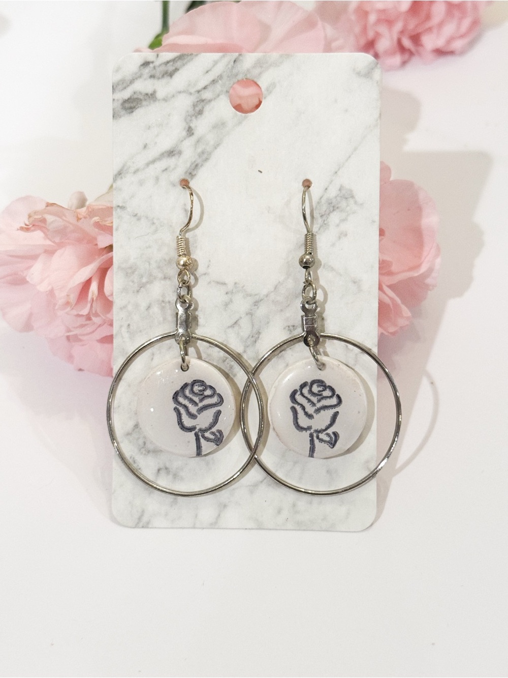 Handcrafted Silver Hoop Earrings with White Rose Discs
